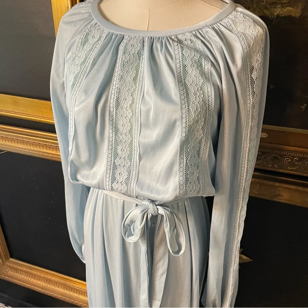 Vintage 70s Montgomery Ward Long Blue Dress with Lace S